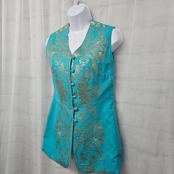 Turquoise Gold Metallic Embroidered Tunic Button Tank Vest Boho Ethnic S - Picture 5 of 9
